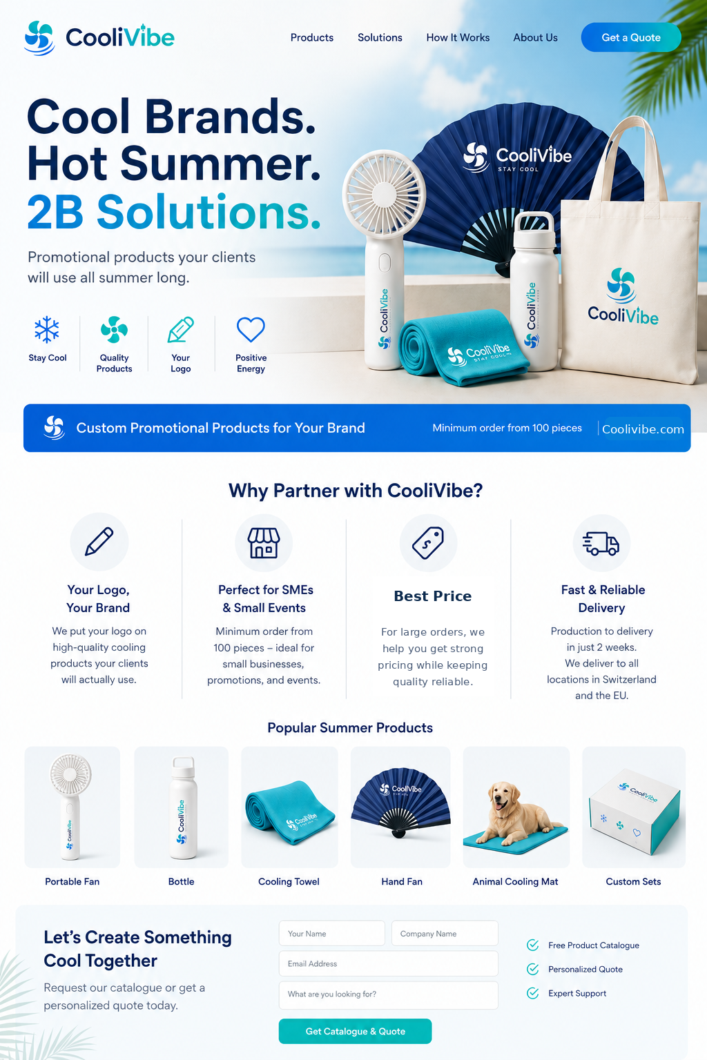 CooliVibe branded fans, bottle, cooling towel, hand fan, animal cooling mat and custom set